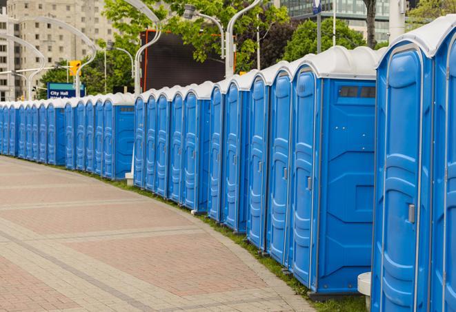 a row of portable restrooms at a fairground, offering visitors a clean and hassle-free experience in edgewood