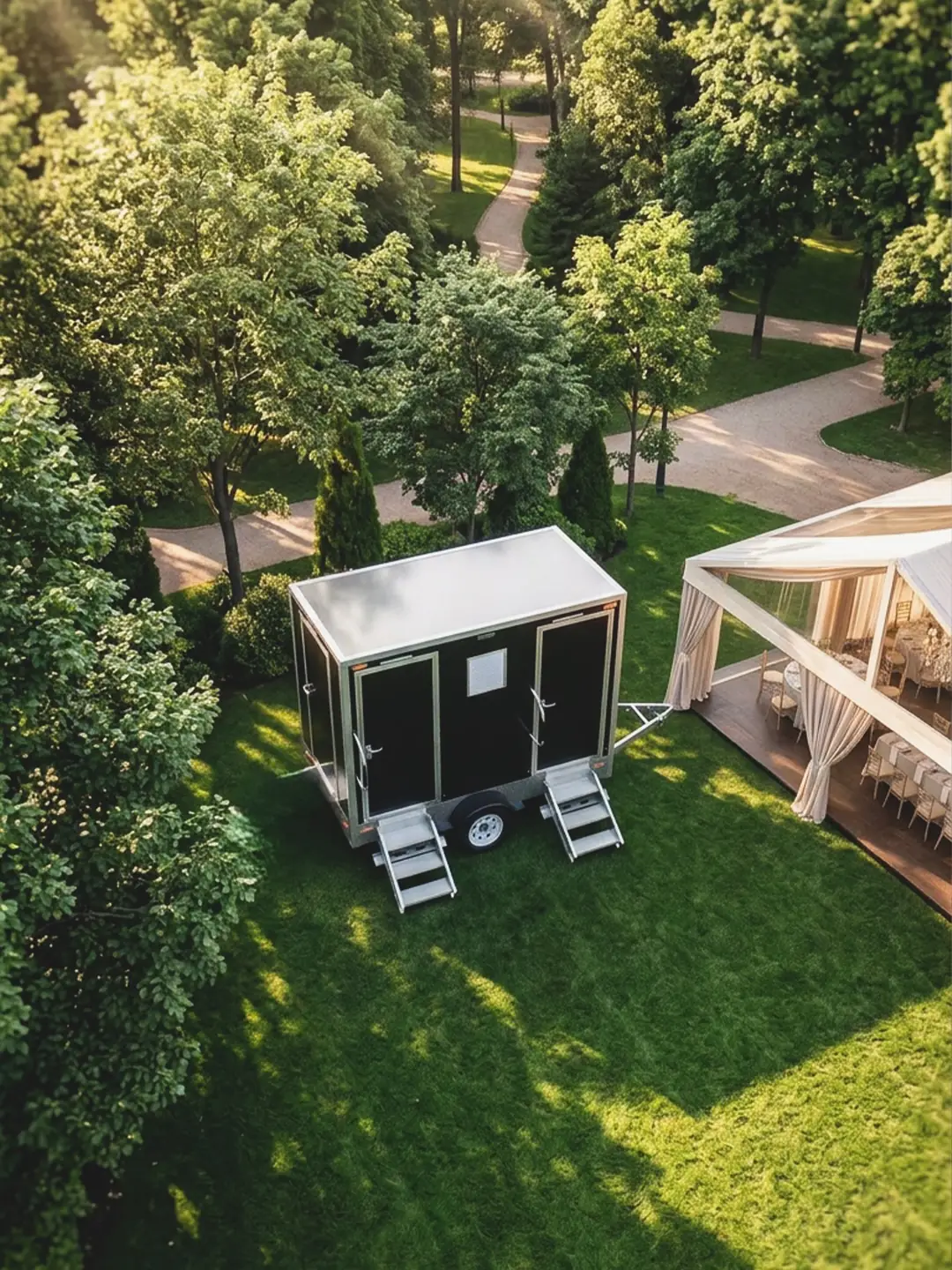 Aerial view of a restroom trailer parked on a lawn beside a white wedding tent
